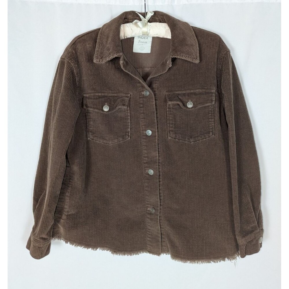 Index Basics Jacket S Women's Brown Raw Hem Long Sleeve Corduroy Shirt Shacket